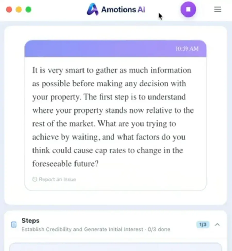 Real Amotions AI screenshot: the desktop app showing a live suggestion card and a Steps tracker with one of three steps done