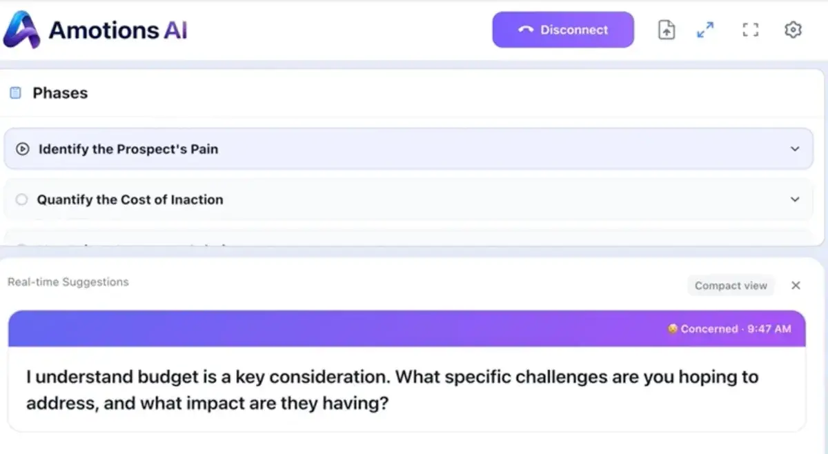 Amotions AI live coaching panel showing a “Concerned” suggestion about budget next to the call Phases tracker