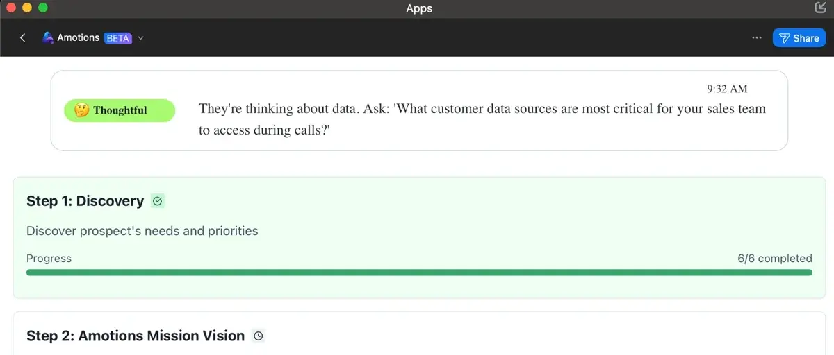 Amotions AI in the Zoom app reading a buyer as “Thoughtful” and suggesting a follow-up question