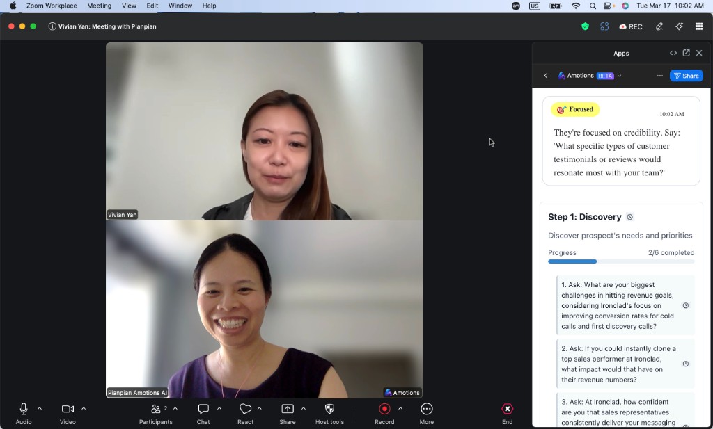 The Amotions AI sidebar during a live Zoom call, showing the Focused card with a suggested prompt and the step tracker with progress indicators.