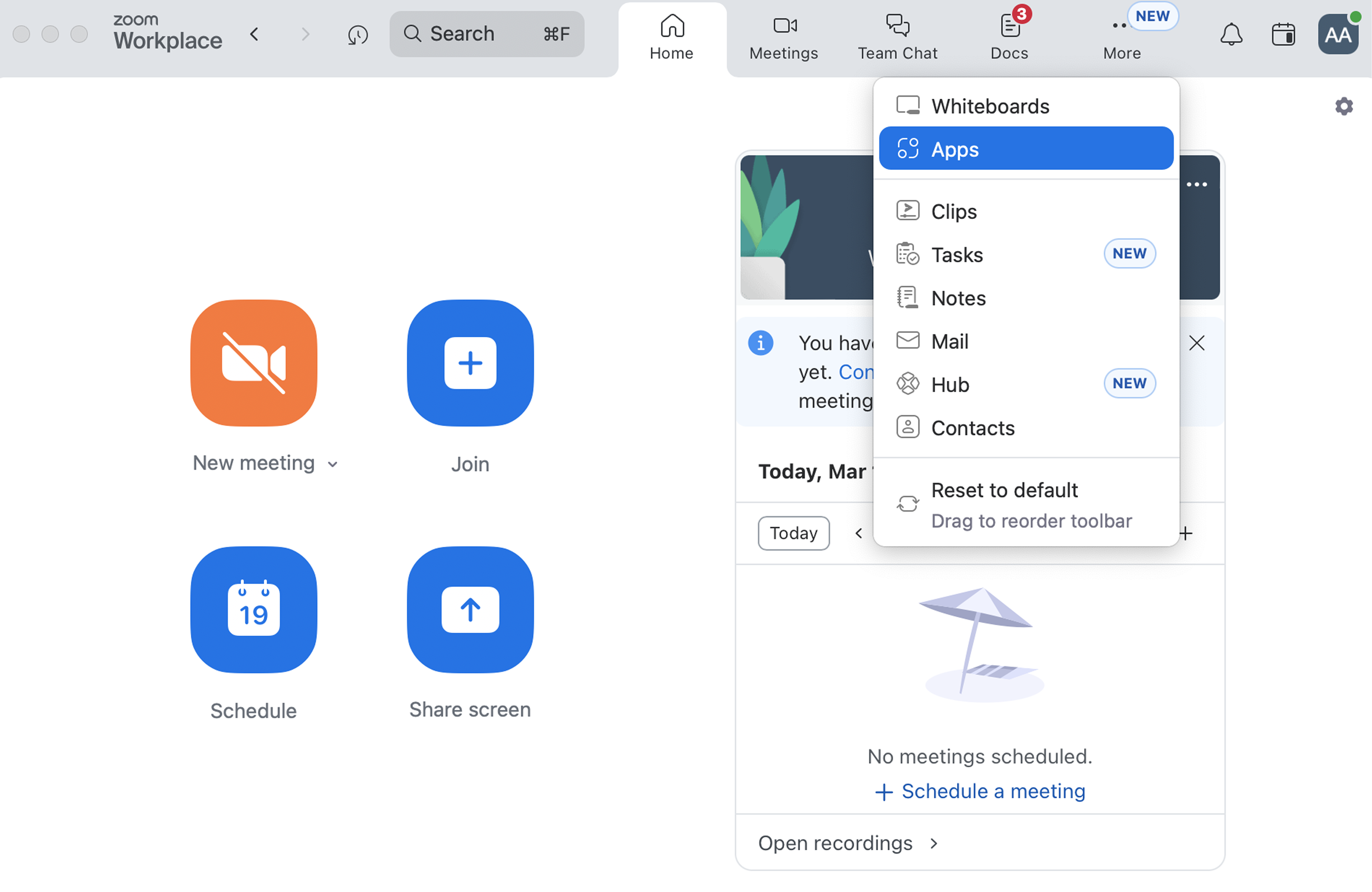 The Apps option in Zoom's navigation — accessible directly from the top bar or via the More dropdown menu.
