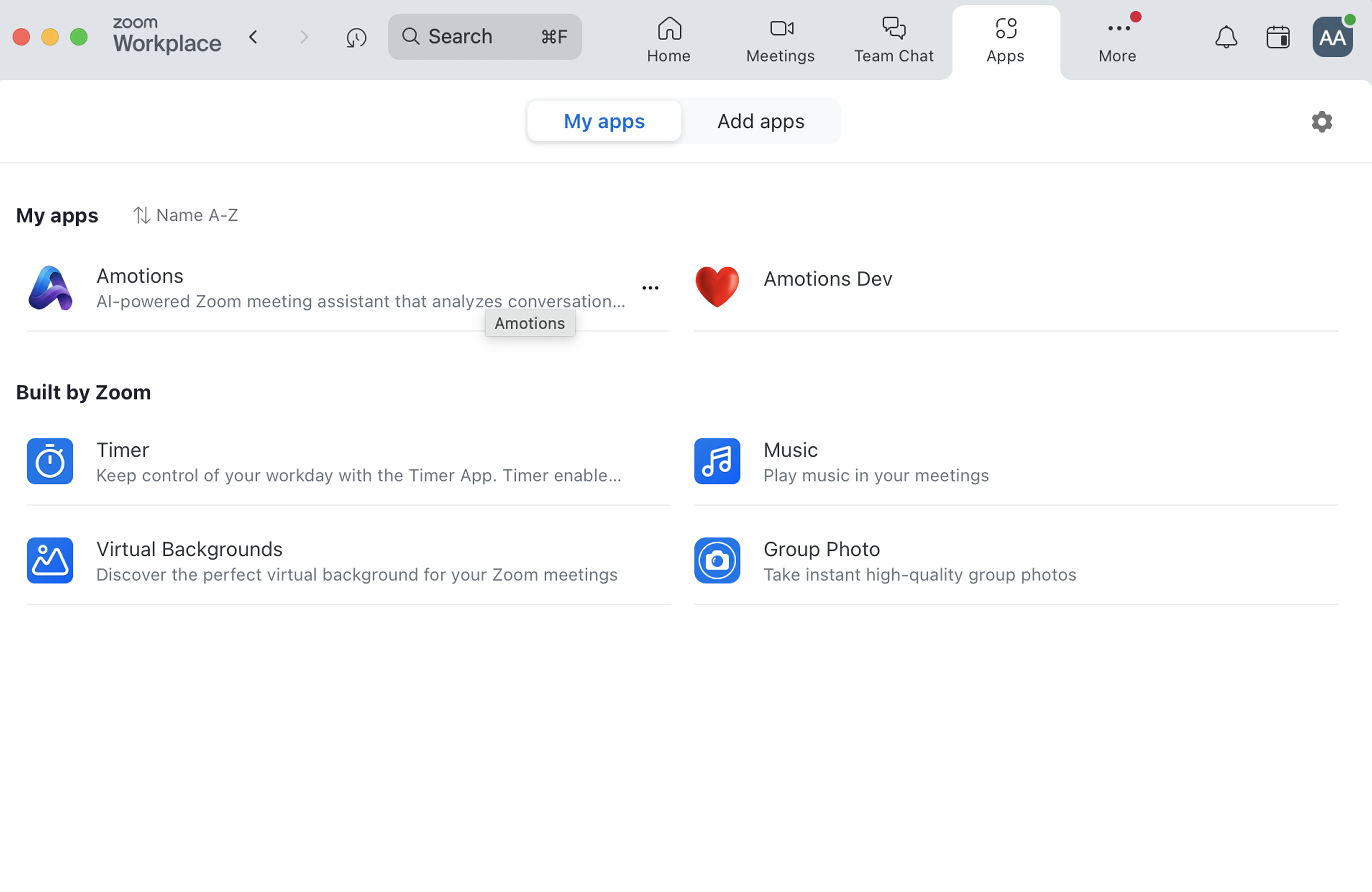 Amotions AI appears under "My Apps" alongside other installed Zoom apps. If you don't see it here, click "Add Apps" and search for Amotions AI.