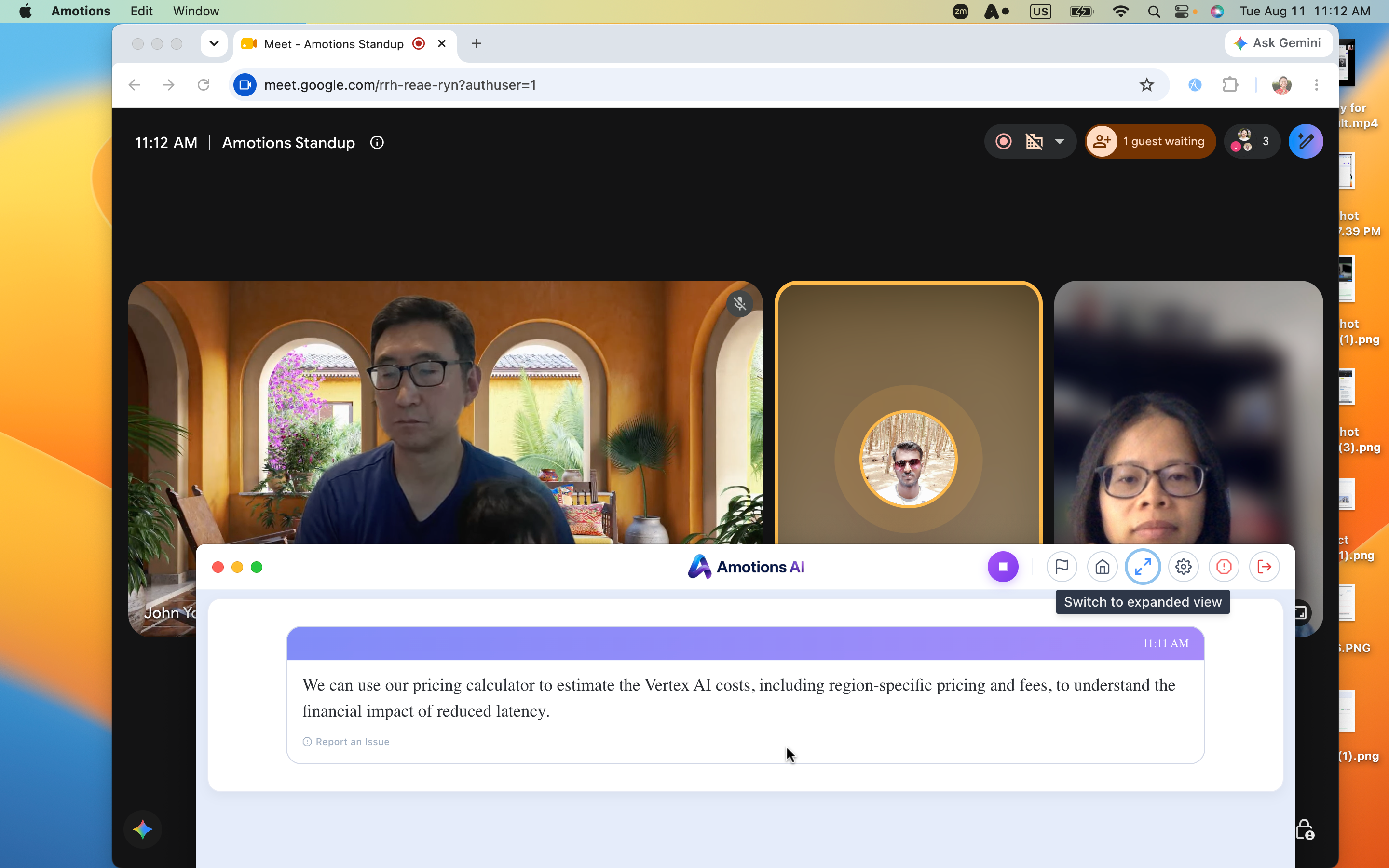 Amotions AI desktop app shown as a compact floating overlay during a Google Meet call