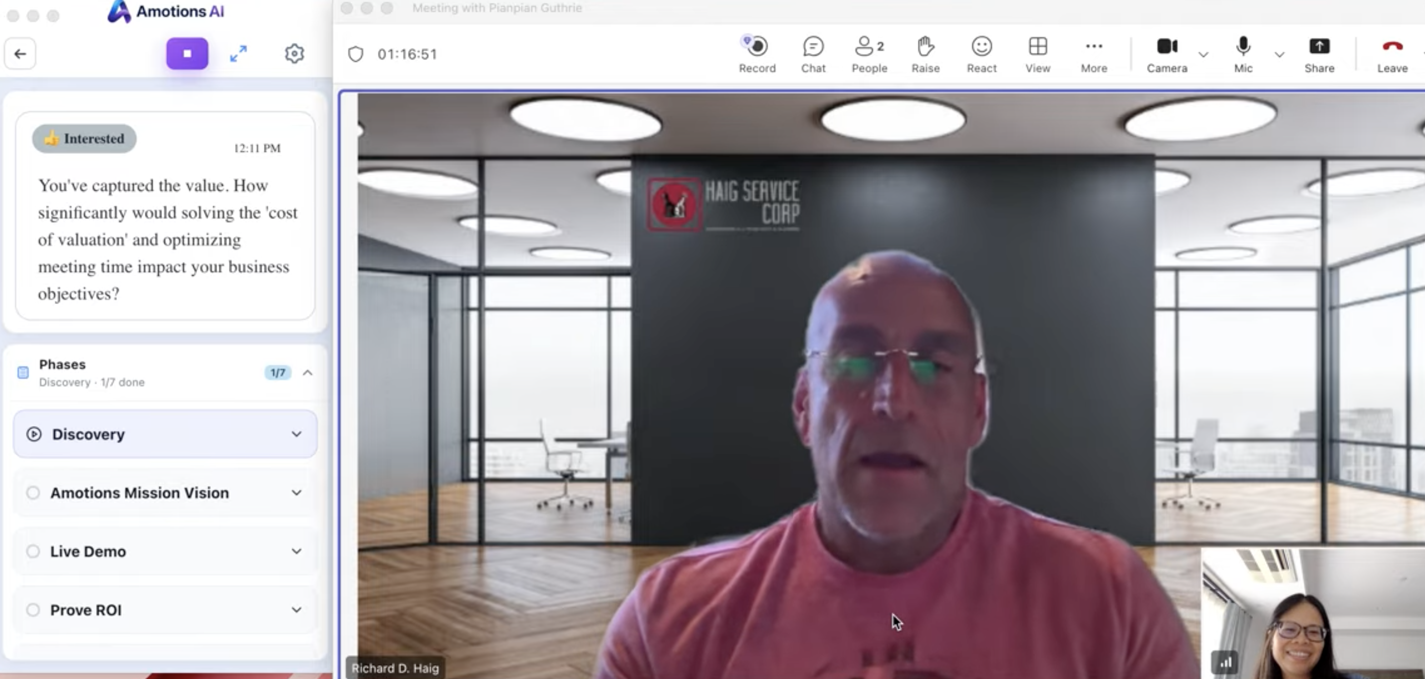 Amotions AI desktop app shown as a vertical sidebar next to a video call with live coaching and meeting phases