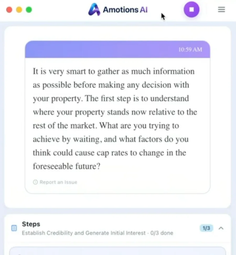 Real Amotions AI screenshot of live coaching on a commercial property call in the desktop app: the suggestion card and Steps tracker (cropped to the Amotions panel)