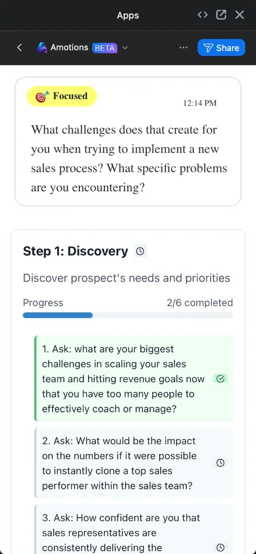Real Amotions AI screenshot of the native Zoom app sidebar during a sales call: a “Focused” suggestion and the Step 1 Discovery checklist, 2 of 6 questions covered (cropped to the Amotions panel)