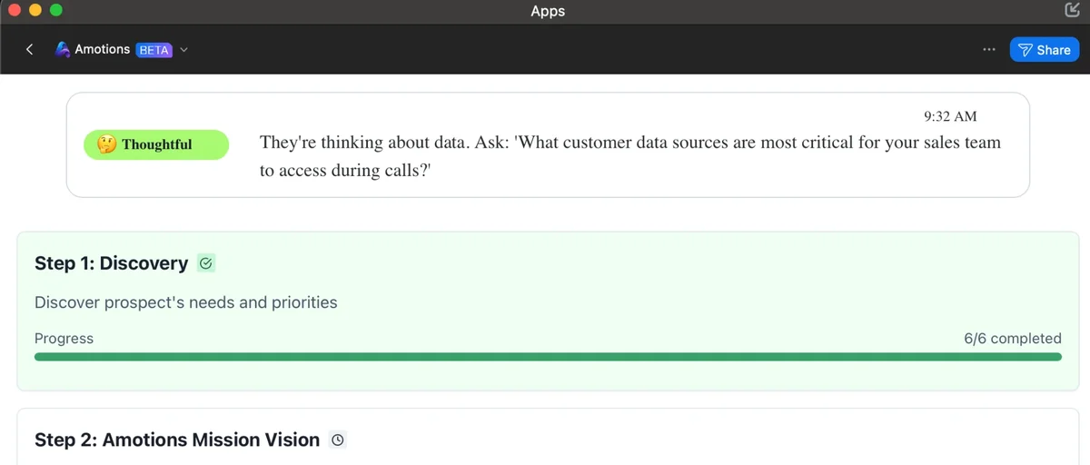 Real Amotions AI screenshot from a live Zoom call: an emotion label (“Thoughtful”) on the buyer and the follow-up question it suggests, with discovery marked complete (cropped to the Amotions panel)