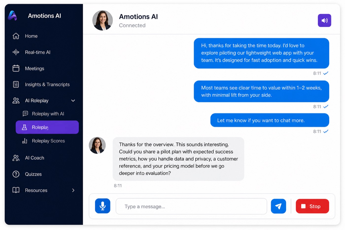 Amotions AI roleplay: a seller practicing a conversation with an AI buyer